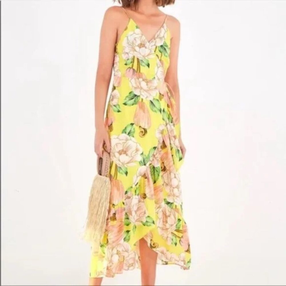 FARM Rio Yellow Asymmetrical Ruffled Maxi Dress